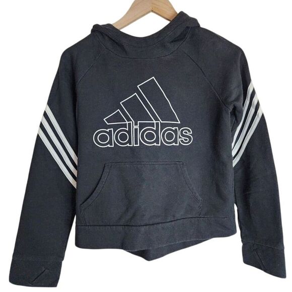 Adidas Hoodie Kid's 16 Fleece Pullover‎ Hooded Long Sleeve Black Stripe - Picture 1 of 4